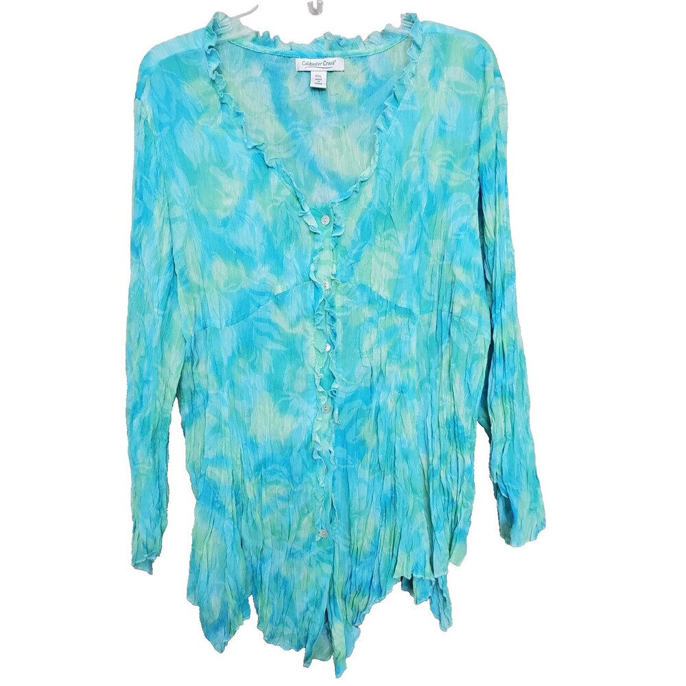 COLDWATER CREEK Crinkle Ruffle Collar Long Sleeve Button-Up Shirt PXL Fairycore